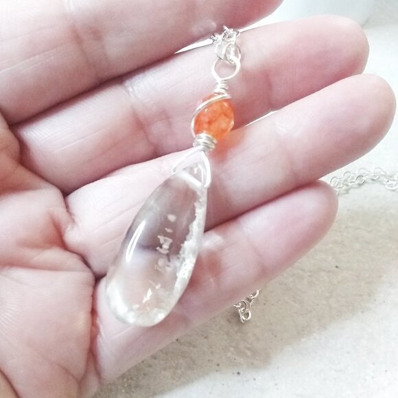 Clear Quartz w. Natural Rock Inclusions + Orange Agate Top Bead! Chain Included - Picture 5 of 8